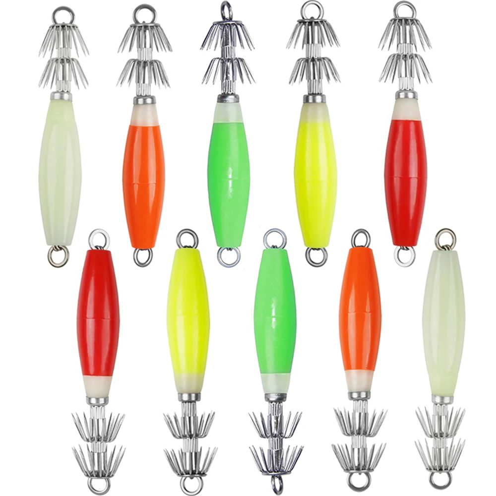 

10Pcs Luminous Squid bait Octopus Wood Shrimp bait Glow Fishing Lure Saltwater Bait Cuttlefish jig Squid Hooks