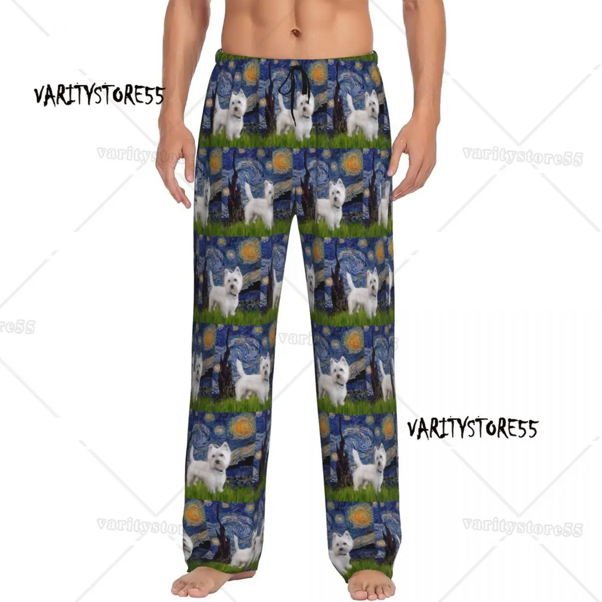 

Пижамные штаны «Звездная ночь Вест-хайленд-терьер» на заказ, мужские пижамные штаны Westie Dog Van Gogh Art, одежда для сна для отдыха, эластичный карман