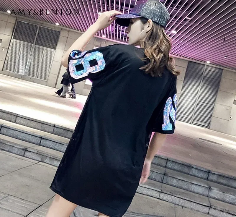 Summer New Fashion Cartoon Sequins Short Sleeve T-shirt Dress Ladies Loose Casual Mid-Length T-shirt Dress For Women