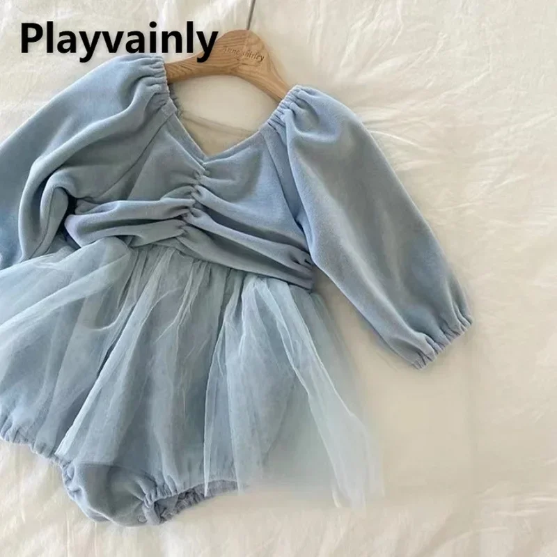 New Spring Autumn Toddler Girls Blue Velvet Jumpsuit V-neck Long Sleeve Mesh Skirt Patchwork Bodysuit Sweet Baby Clothes E301