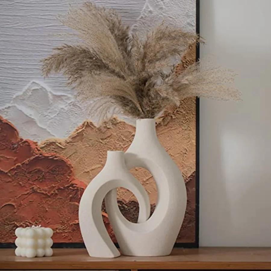 

XL Beige Ceramic Vase Set of 2 for Modern Home Decor Eclectic Entryway Modern Boho Hollow Flower Vases for Living Room Bookshel