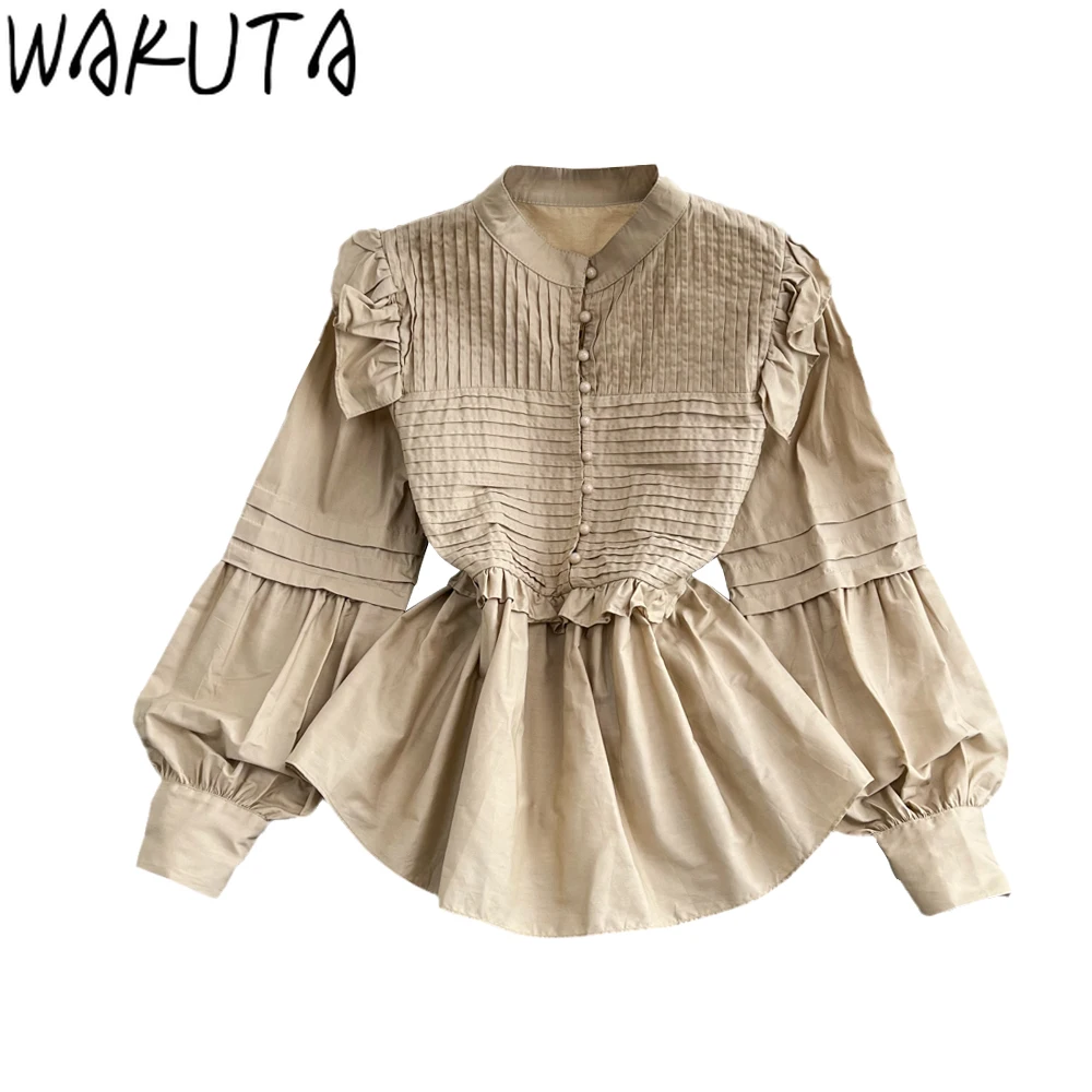 WAKUTA Slim Waist Vintage Women Shirts Ruffles Long Sleeve Stand Neck Female Solid Blouses Korean Style Simple Casual Clothing