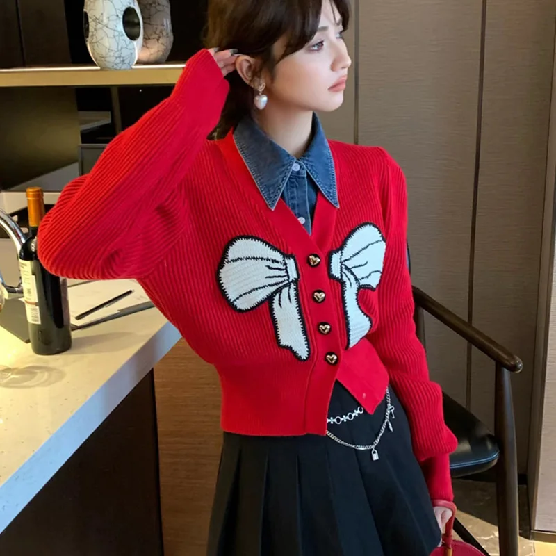 

Women's Red Cropped Sweater Cardigan, V Neck, Bows Embroidery, Knit Cardigan, Short Top, Autumn, Winter, Cute