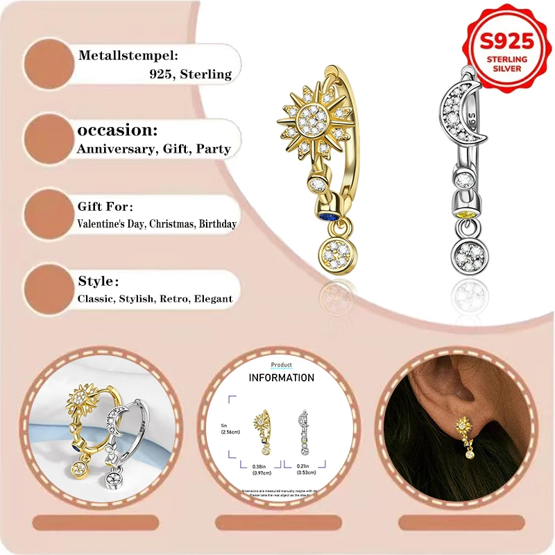 HOT 925 Silver Sun and Moon Earrings Set Sky Blue Sparkling Cubic Zircon Earrings Fine Women's Jewelry Gifts for Day