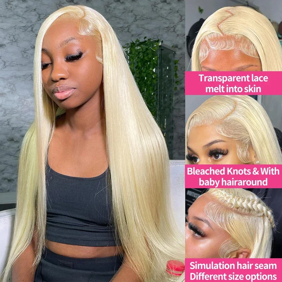 Perruque Lace Front Wig brésilienne naturelle blond miel 613, cheveux lisses, 13x4, 30 32 pouces, 13x6 HD, pre-plucked, densité 180