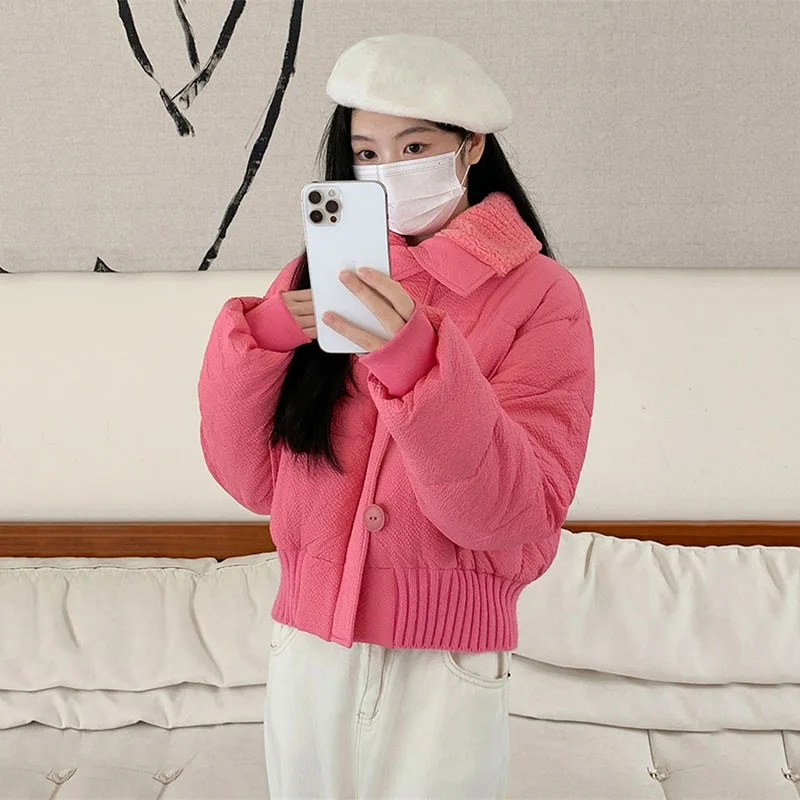 

Короткая хлопковая куртка для женщин, осень-зима, пуховое хлопковое пальто из овечьей шерсти, модная хлопковая верхняя одежда розово-красного цвета, женская парка