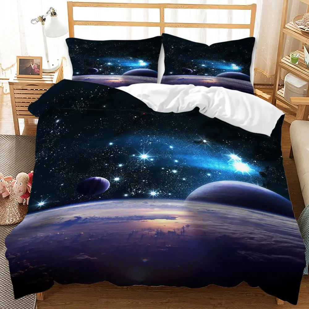 Galaxy Kids Queen Duvet Cover Set,3D Universe Planets Comforter Cover Adult Boys Girls Starry Sky Series Polyester Bedding Set