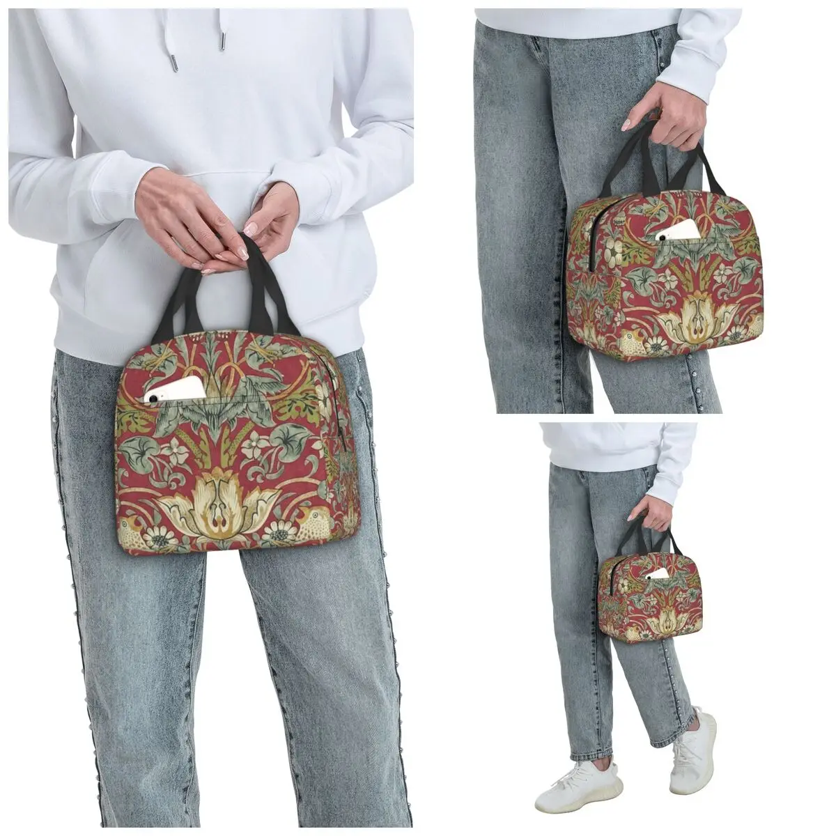 William Morris Strawberry Thief Red Insulated Lunch Bag for Women Office Cooler Thermal Food BoxToteLeakproofLunchBoxesContainer