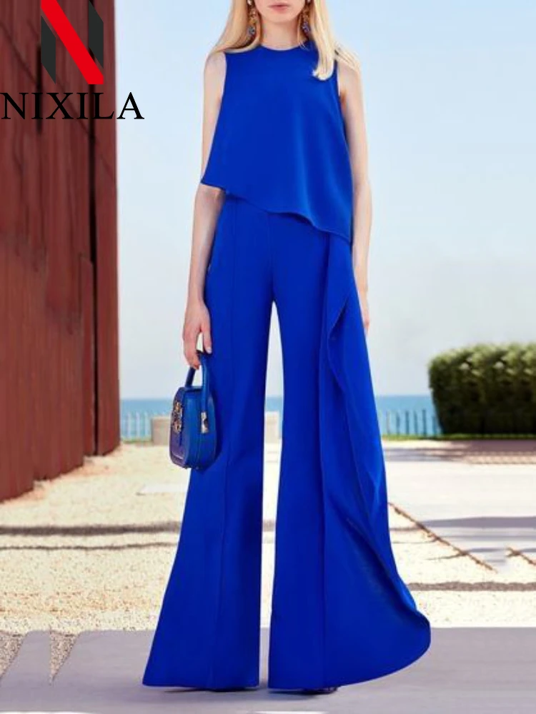 Nuove donne di estate tute eleganti senza maniche canotte pantaloni a gamba larga irregolare casual solido pagliaccetto tuta da sera per le donne