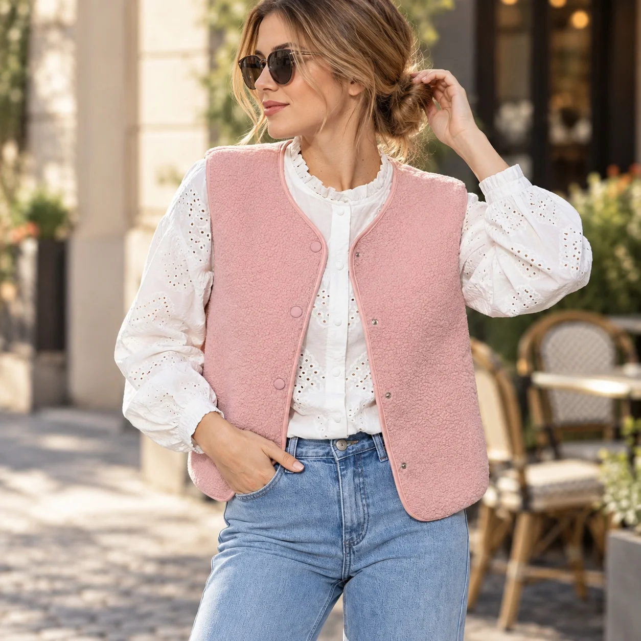 Casual Round Neck Coat with Single Row Multi Button Placket Pocket Detail Regular Length Socialite Style Regular Fit Women Vest