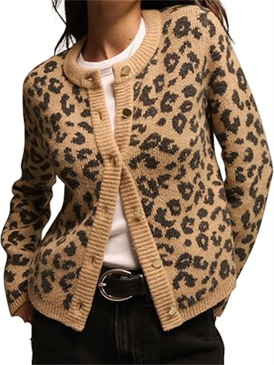 New Fashion Knitted Leopard Print Cardigan Women's Loose Casual Printed Long Sleeve O-Neck Top Retro Y2k Cardigan Sweater Female