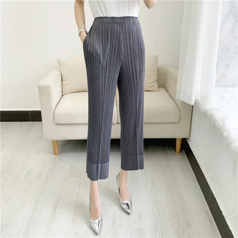 GGHK, pantalones rectos plisados de nueve minutos, moda informal de verano 20224, pantalones plisados prensados versátiles para mujer, pantalones ajustados de cintura alta