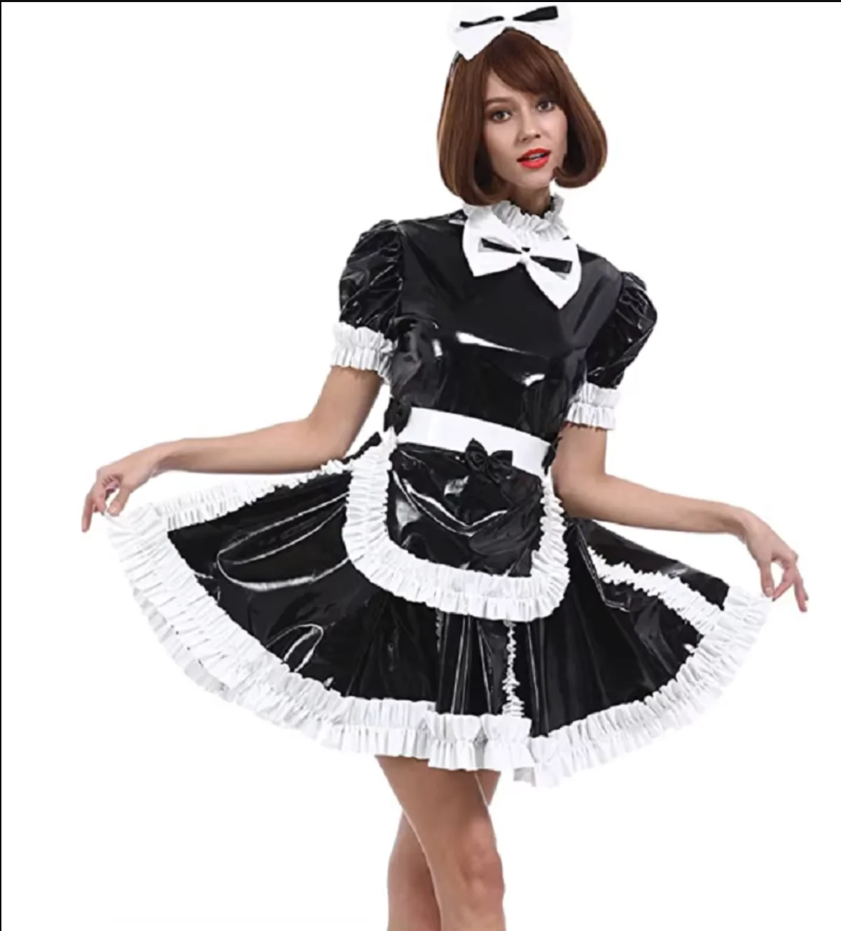 

New Hot Selling Sissy Girl Maid Sweet Bow Crossdresser Party Daily Unisex Dress Black Lockable PVC Dress Cross Dress Role Play