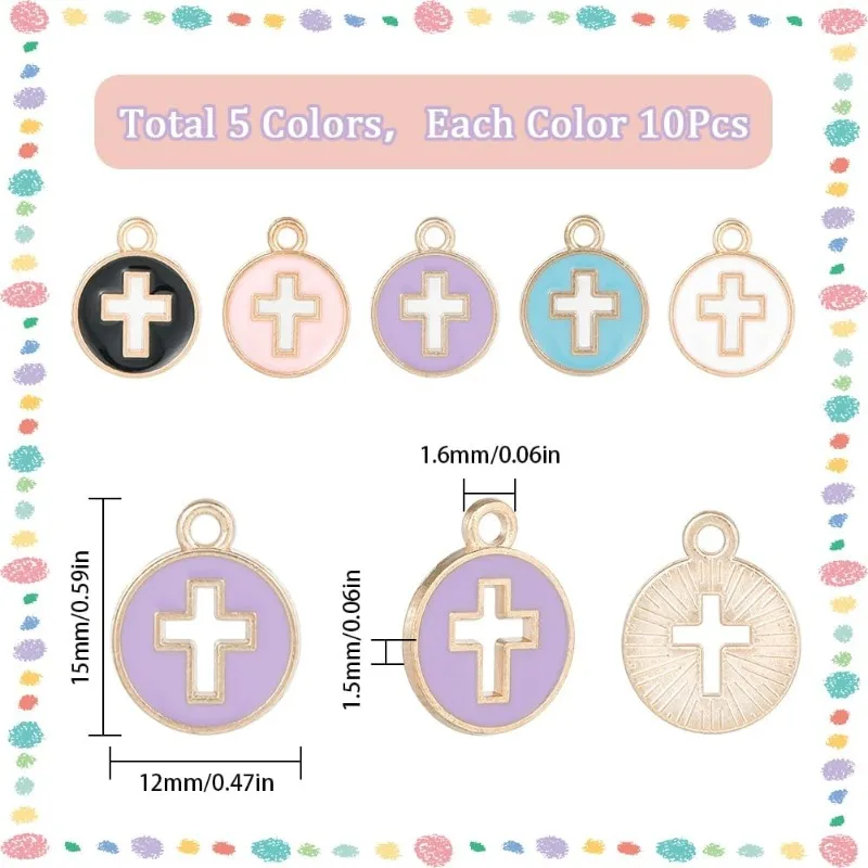 50Pcs Cross Charms Bulk Black White Enamel Cross Charm Flat Round Colorful Crucifix Easter Holiday Hollow Charms for Jewelry