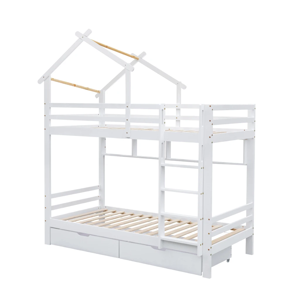 PINGGO Etagenbett mit Schubladen, Regalen, Hausbett, 3-stufige Leiter, Kiefernholzrahmen, Weiß, 90x200cm, Kinderbett mit Fallschirmgitter – Detail 10