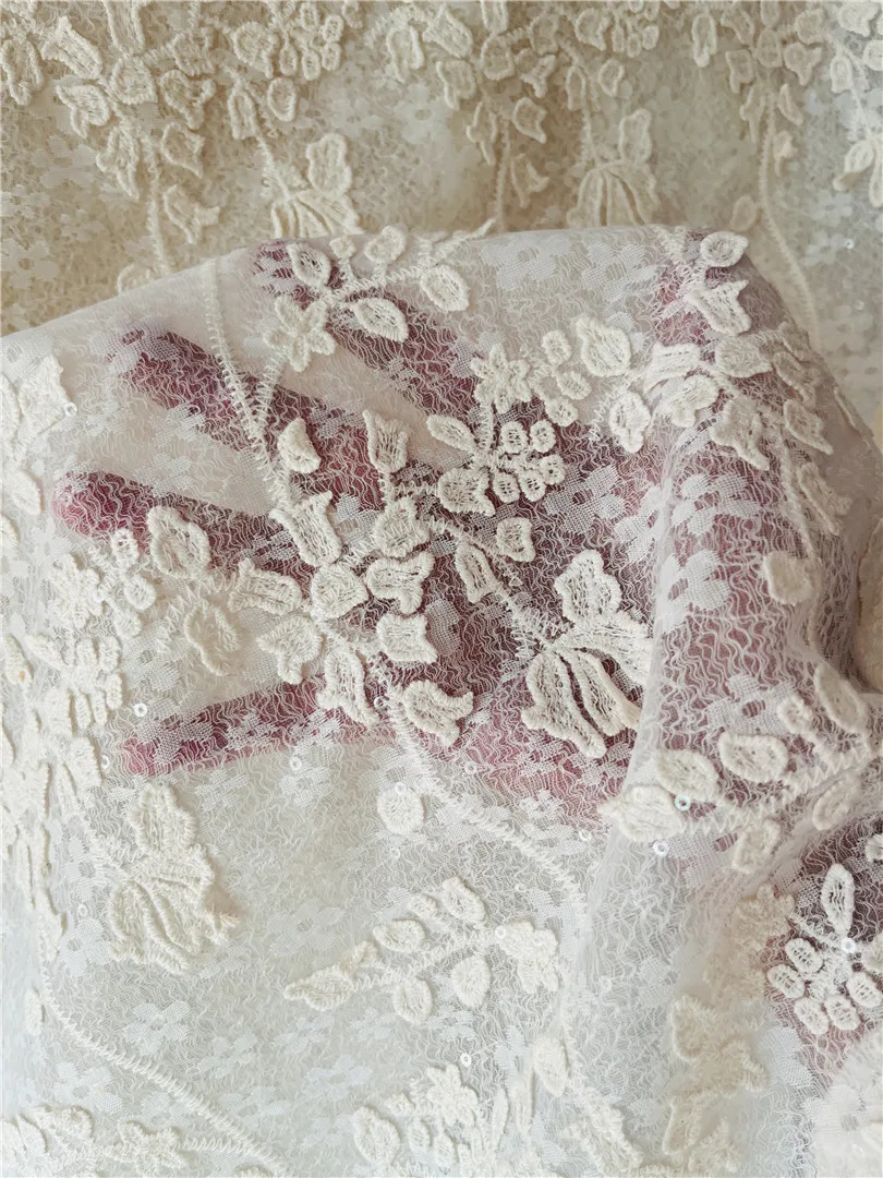 

Elegant 3D floral sequin cotton net embroidery lace fabric suitable for wedding dresses and home decorsold by the yard