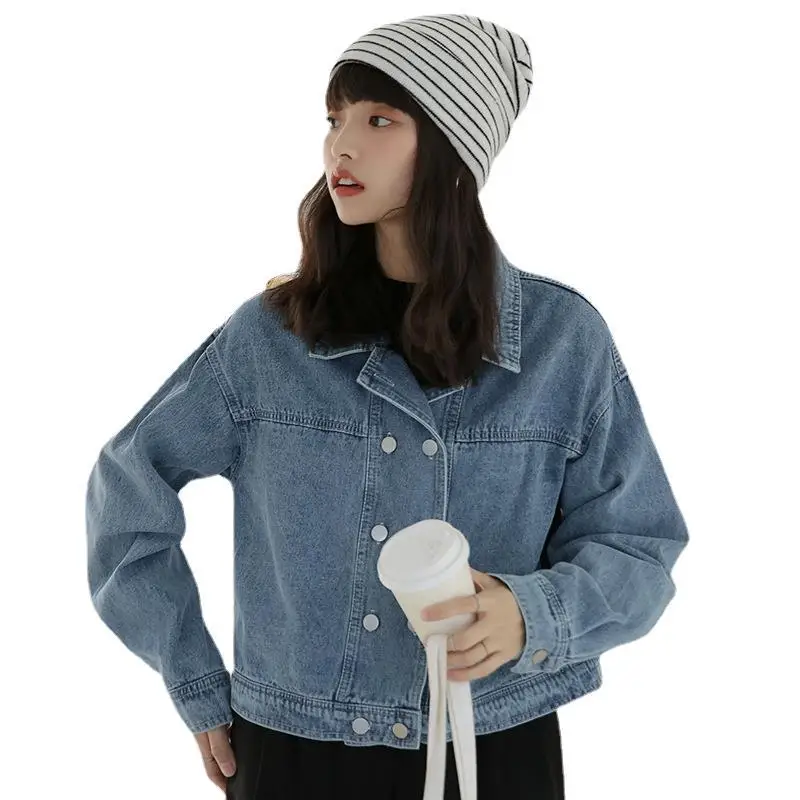 

Korean retro loose double breasted denim jacket Women long sleeved short top autumn fashion Women denim jacket Casual Denim coat