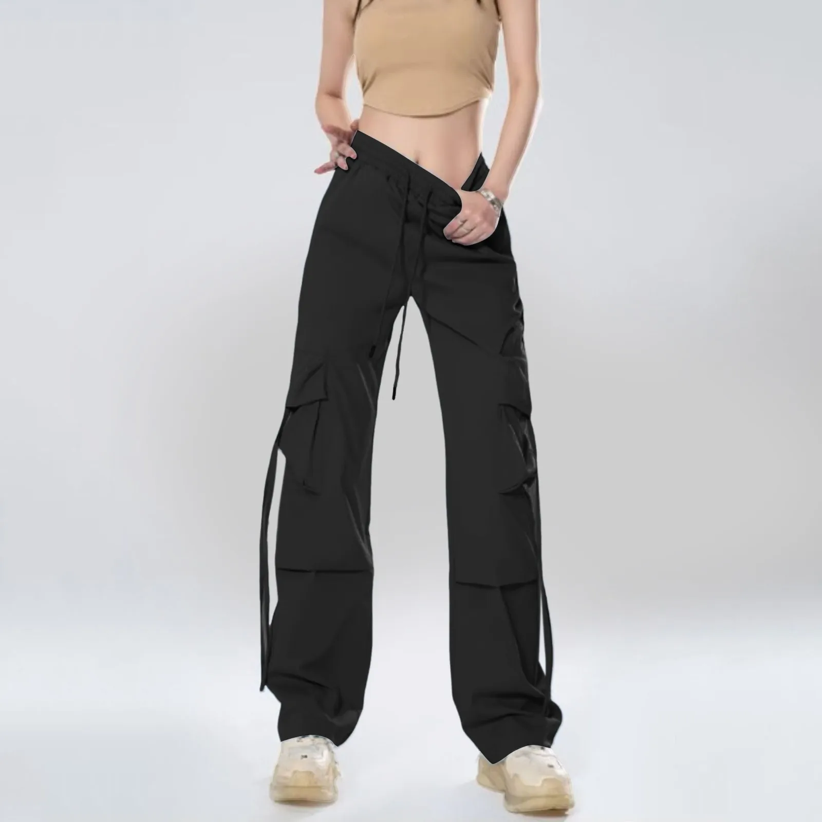 Women Black Wide Leg Cargo Pants Harajuku Vintage Y2k Baggy Casual Trousers Oversize High Waist Straight Leg Pants 90s