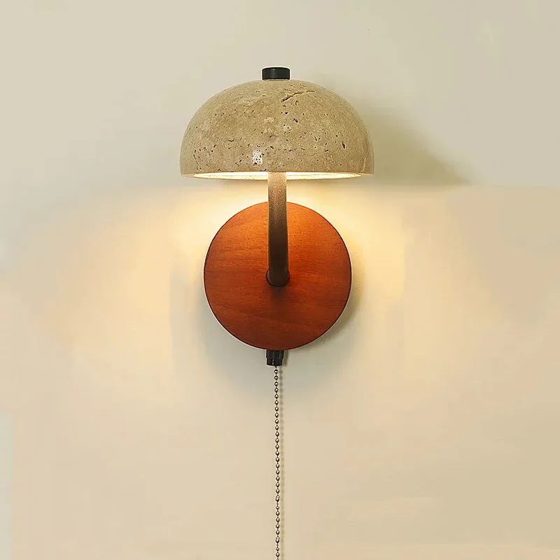 Yellow Travertine Wall Sconce Vintage LED Pull Chain Light Natural Stone Bedroom Study Bathroom Dining Room Rustic Home Decor