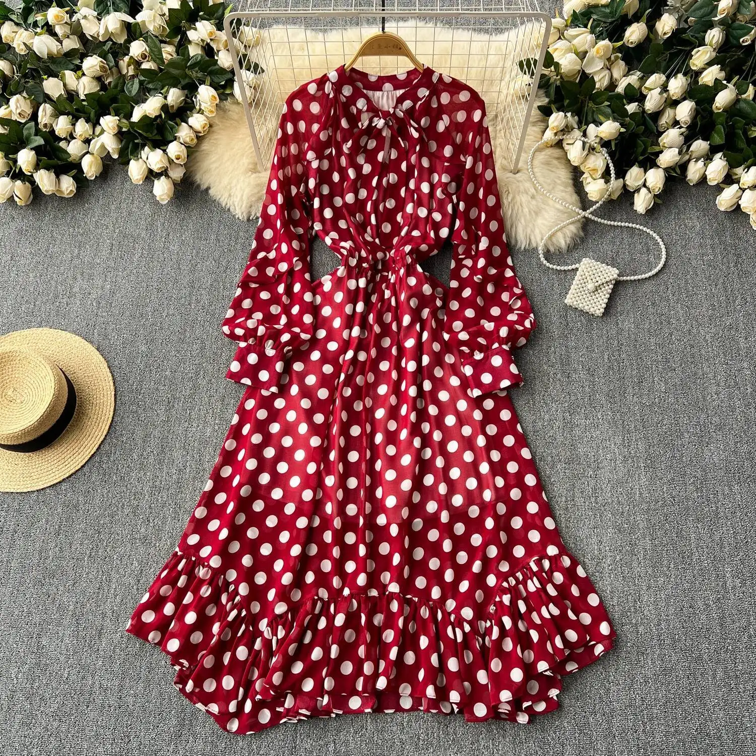 Retro Elegantes Plissee Puffärmel Dot Sweet Kleid Strandurlaub Casual Damen A-LINE Chiffon Mode Sommer Basics Kleider