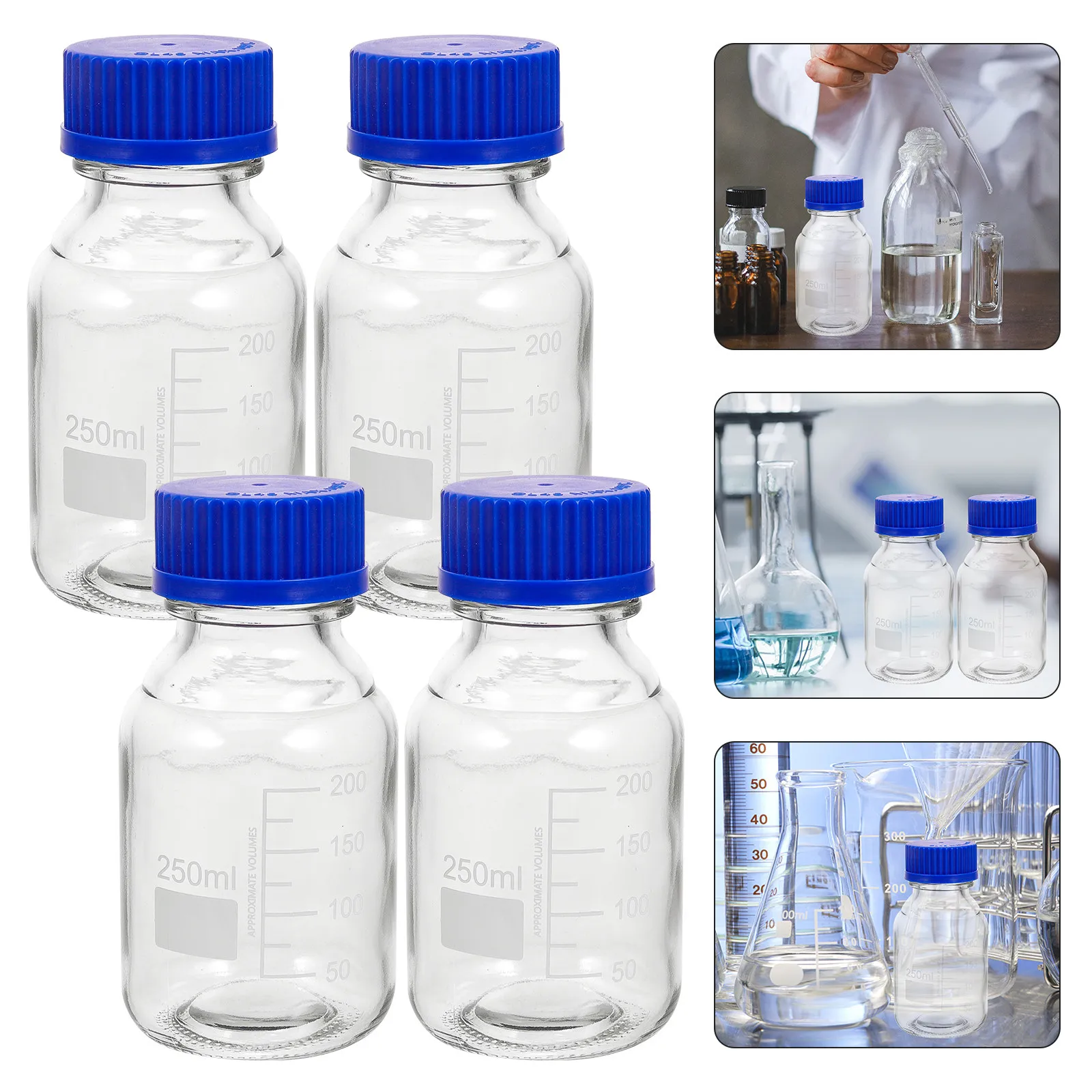 4Pcs Graduated Blue Cap Reagent Bottles Glass Storage Bottles Screw Caps for Lab Chemical Medicine Applications