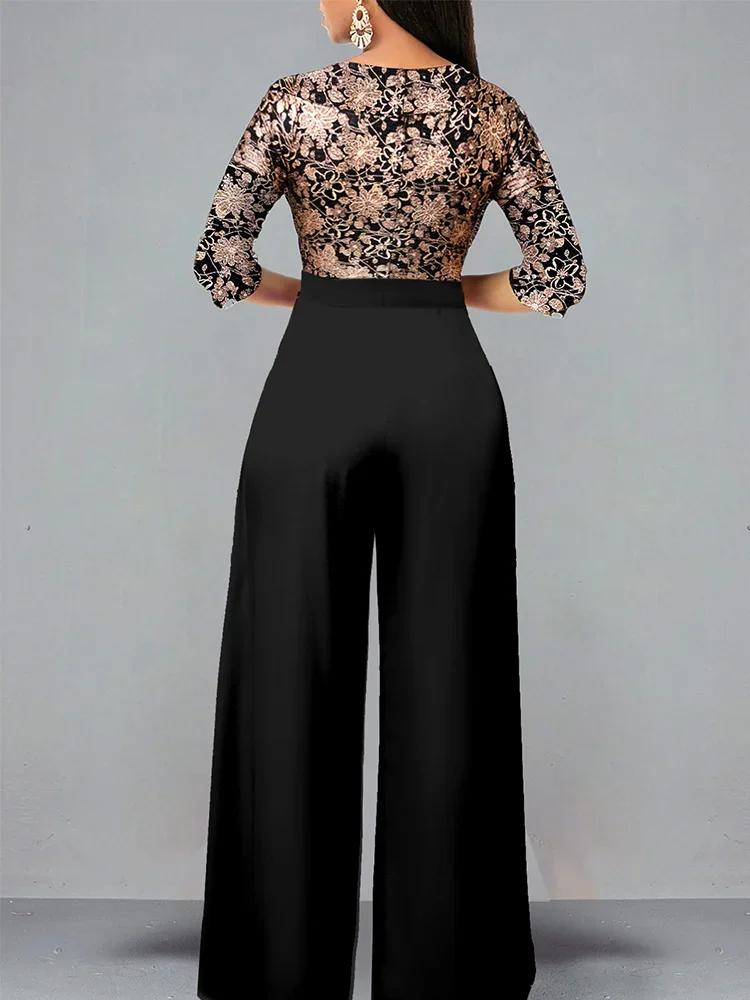 Sets Outifits 2023 New Gilded Floral V-neck Loose Fitting Jumpsuit of One Fashion Casual Pieces for Women Elegant Female