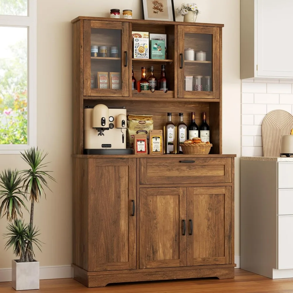 

Tall Kitchen Pantry, Food Storage Pantry Cabinet with Hutch and Microwave Stand, Modern Kitchen Coffee Bar Hutch