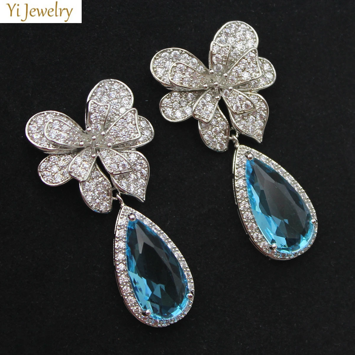 Cubic Zirconia Luxury Jewelry Big Flower Dangle Earrings for Women Evening Party Wedding Light Pink Blue Water Drop Earring Gift