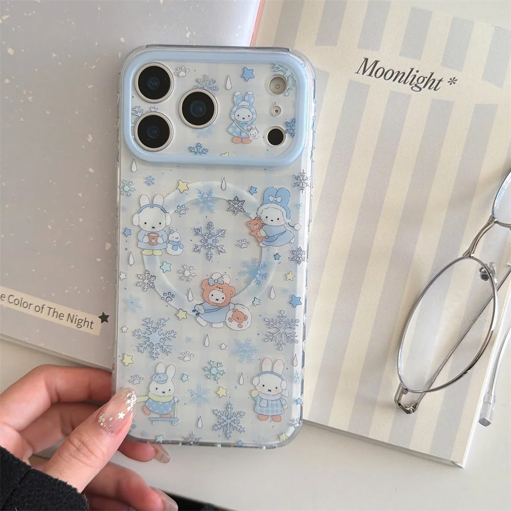 Urocze etui na telefon z motywem śnieżynki, królika i magnesem do iPhone'a 17 Pro 14 15 16 Pro Max z funkcją Magsafe, podstawka do kręcenia, kreskówkowe etui. — zdjęcie produktu 3