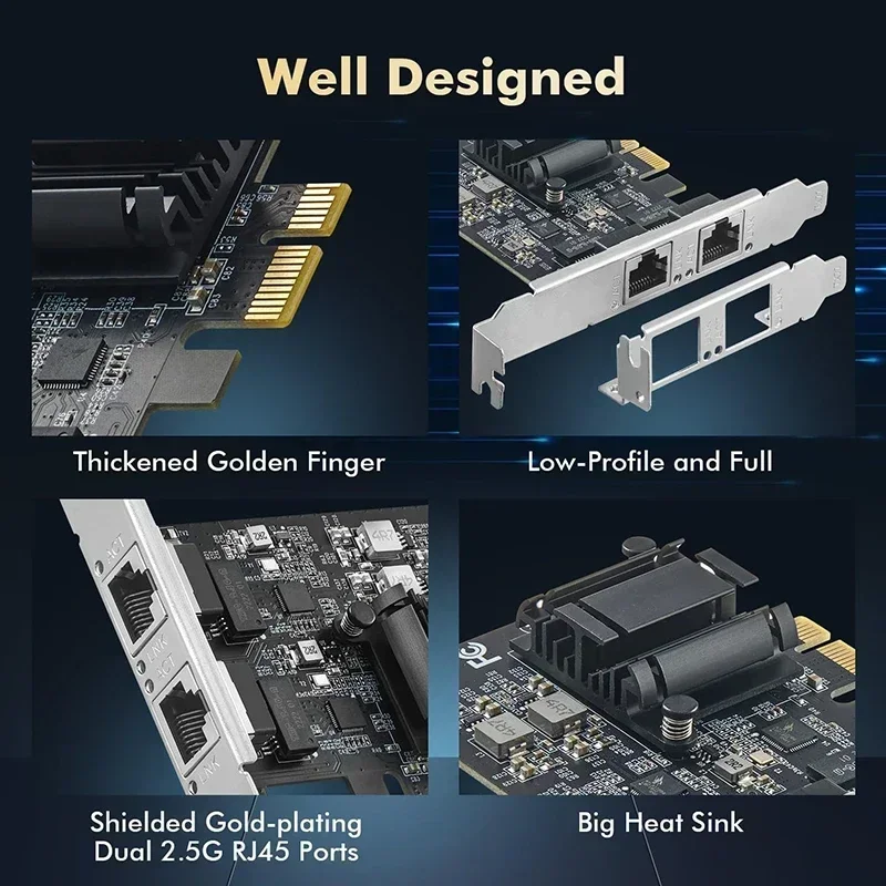 Scheda server PCIe doppia porta da 2,5 Gbps Scheda adattatore di rete Ethernet RJ45 a 2 porte 10/100/1000 M/2,5 G con Realtek/RT8125B