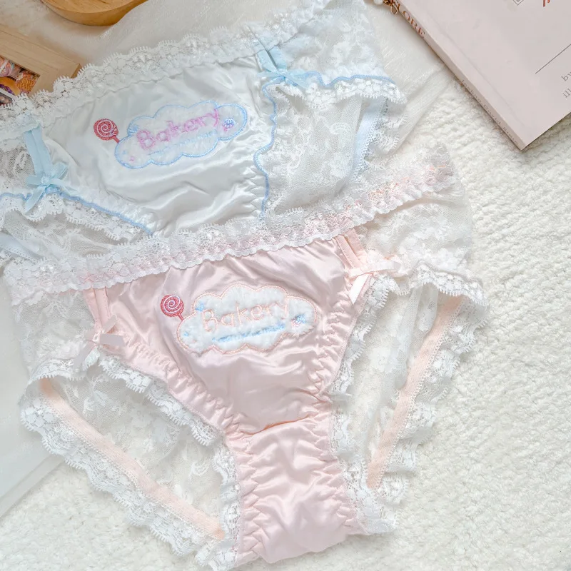 Letter Embroidery Breathable and Quick Drying Lace Japanese Mid Rise Pure Cotton Crotch Underwear for Women Panties