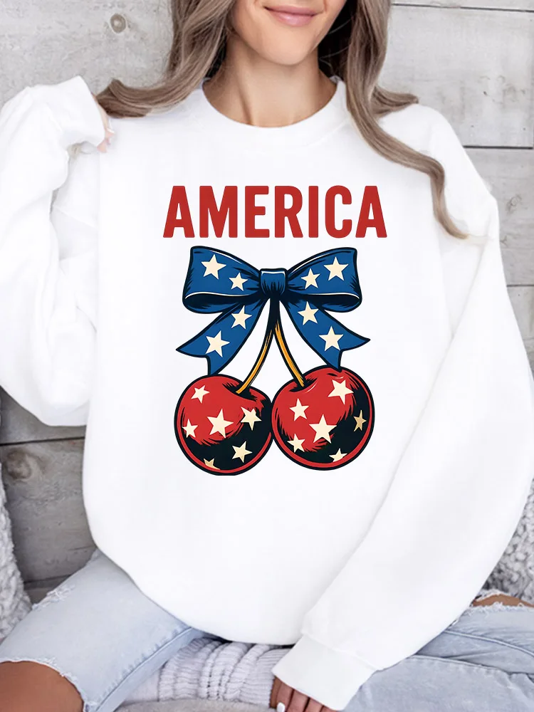 

Женская толстовка с принтом America Cherry, повседневный пуловер с длинным рукавом, свободный крой, уличный стиль для осени и зимы