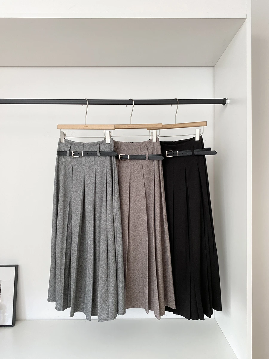 

Women's Autumn Winter Elegant High Waist Ankle Length Pleated Skirt Lady Solid Color A Line Long Skirt