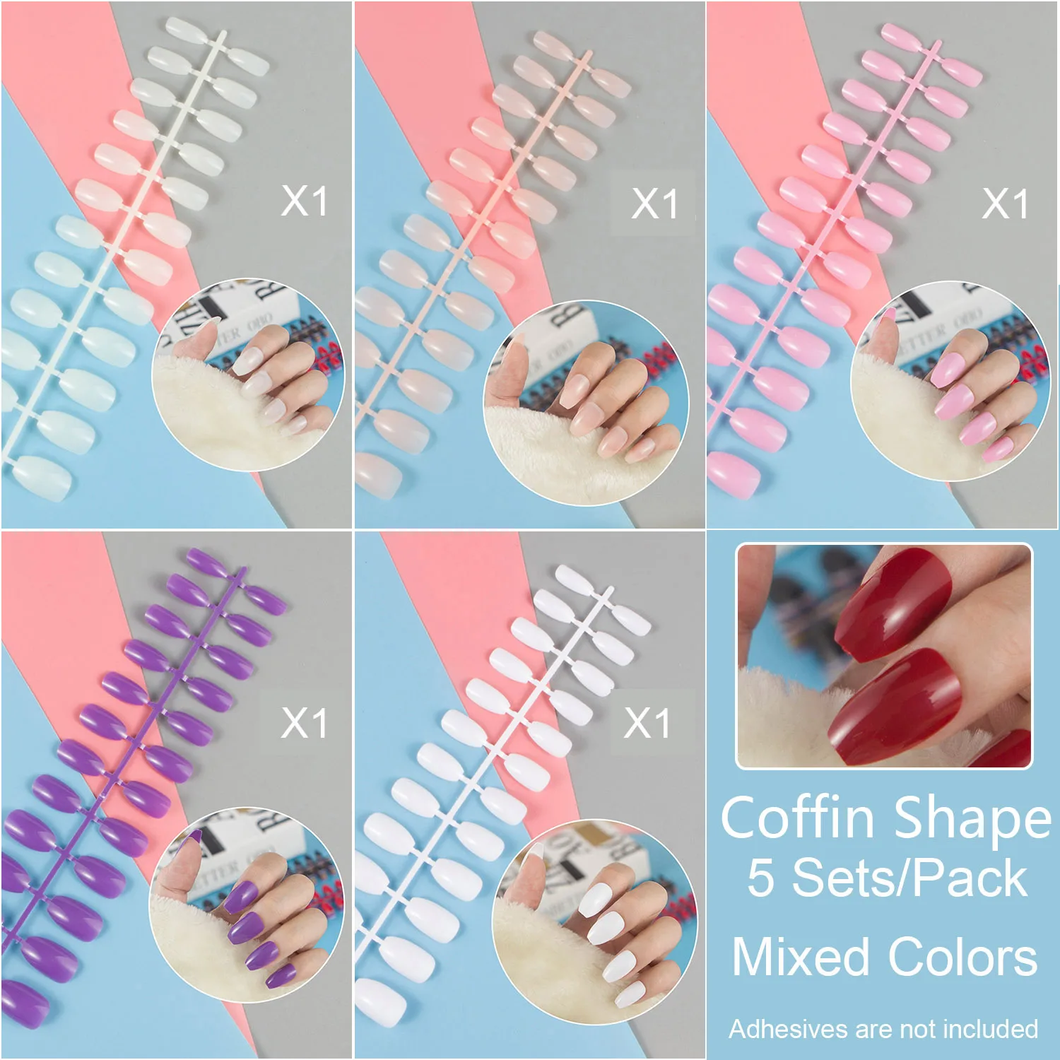 

5 Sets Colors Mixed Coffin Ballerina Shape Full Cover 24 Pieces/Set Press on Fake Nail Tips Manicure Kit Short Nail Tips