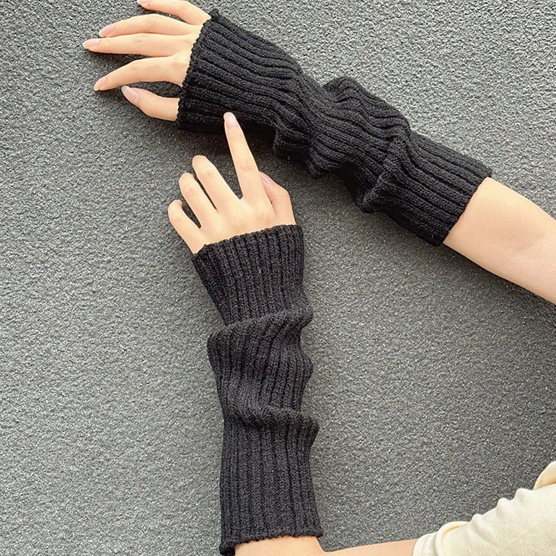 For Women Winter Arm Sleeves Thicken Warm Knitted Arm Warmers Solid Color Long Sleeve Half-finger Glove Gothic Fingerless Mitten