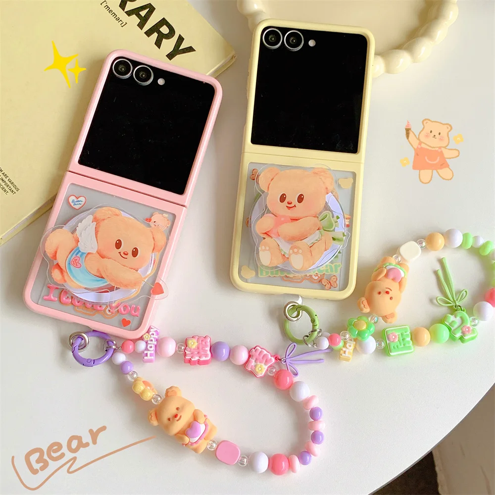 

Korean INS cute bear Magnetic stand Phone Case for Samsung Galaxy Z Flip 7 Flip 6 Flip 5 6 7 Cover with Chain with Magsafe Funda