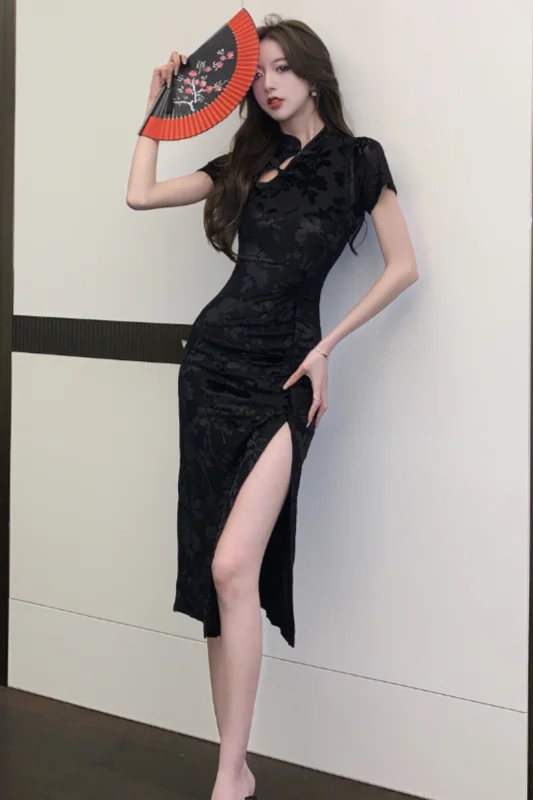 Imagem -06 - Vestido Cheongsam Preto para Meninas Versão Modificada Saia Longa Sexy Novo Pacote de Senso Sênior Quadril Verão 2023