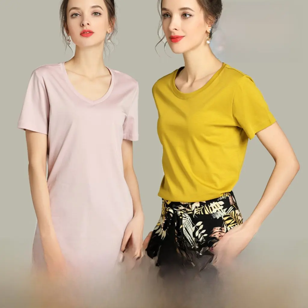 

Women's Summer Cool Sense Double-sided Mercerized Cotton V-neck T-shirt Short-Sleeved White Loose All-match Solid Color Top