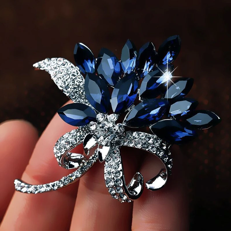 Elegant Zircon Orchid Flower Lapel Brooch Blue Bouquet Crystal Corsage Pins Brooches for Women Girls Wedding Jewelry Gift