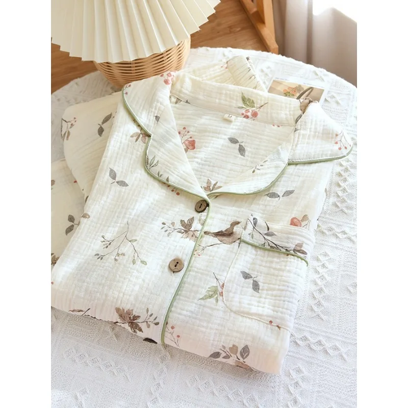 

Women Lapel Long Sleeve Pajama Set Magpie Print Spring Summer Autumn Thin Comfortable Sleepwear Nightwear Home Loungewear