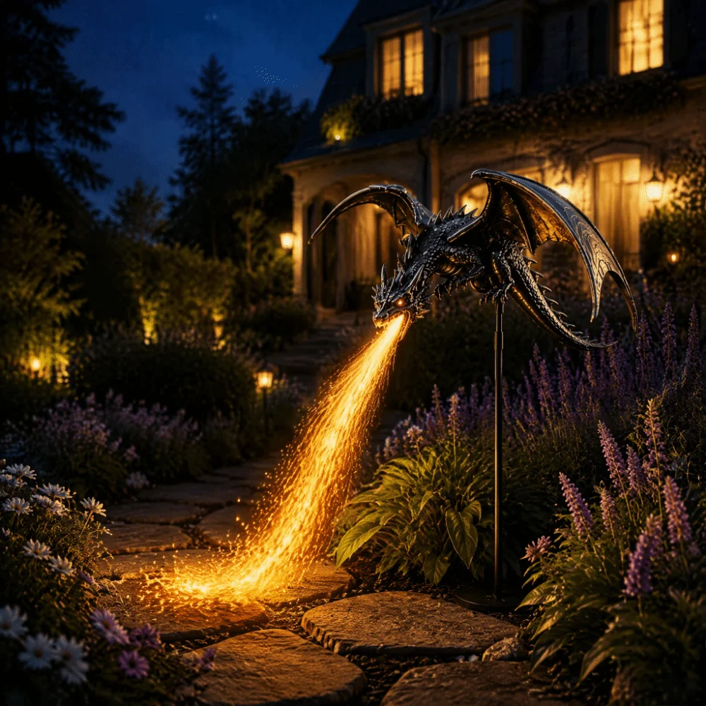 Solar Powered Solar Garden Light Waterproof Resin Craft Solar Fire Garden Lamp Resin Artwork Dragon Fire Design Landscape Lamp