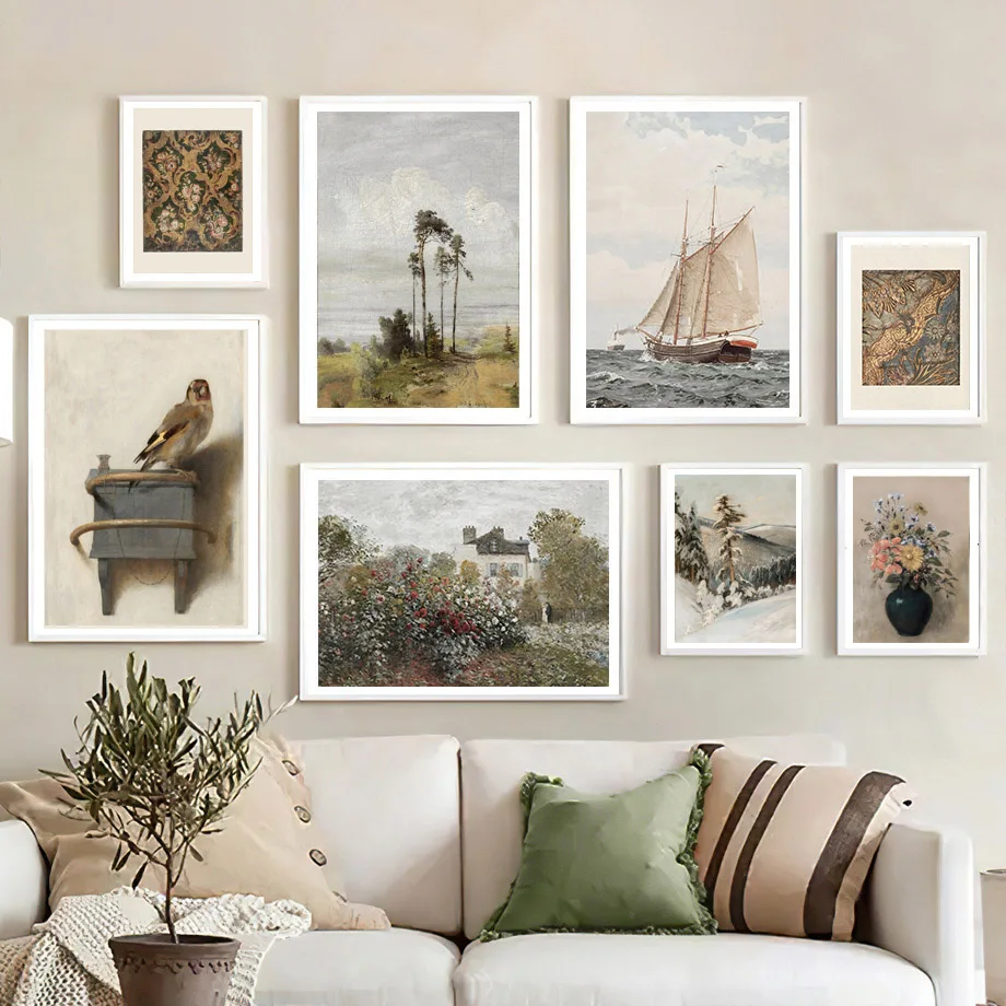1PC frameless decorative art print,Goldfinch Vintage Tapestry Abstract Landscape Wall Art Canvas Painting Nordic Posters Prints