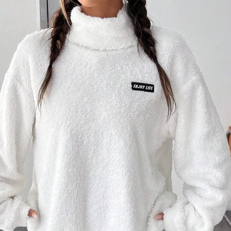 

Повседневный пуловер с высоким воротником и длинными рукавами на осень и зиму, женская одежда, женская плюшевая толстовка с заниженными плечами и заплатками