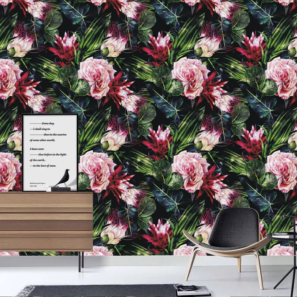 ورق جدران من الفينيل ذاتي اللصق قابل للإزالة بأوراق خضراء داكنة وزهور وردية اللون قابل للإزالة لديكور المنزل والحمام #6