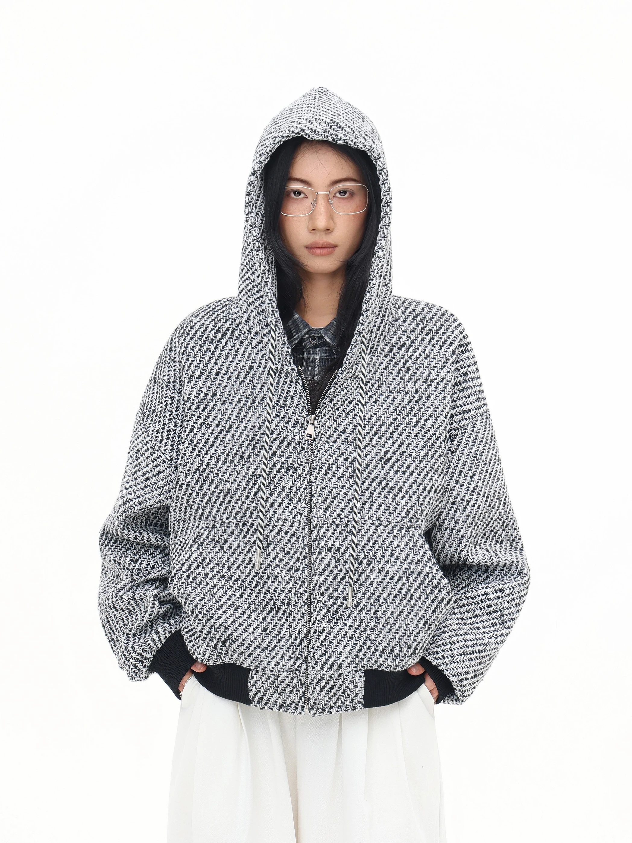 

American Retro Knitted Texture Design Hoodie Open Cardigan Casual Outerwear Top Star Pattern Polyester Fiber Long Sve