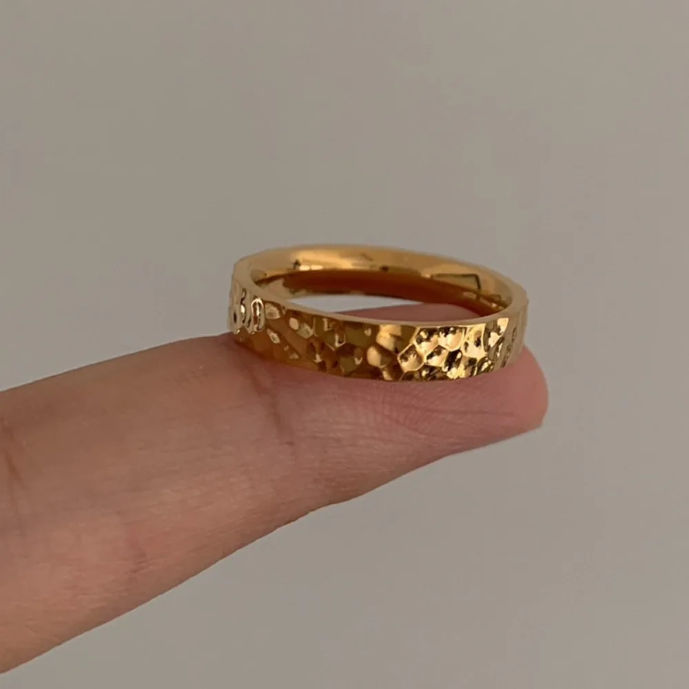 Retro Gold Color Stainless Steel Hammered Textured Irregular Concave Convex Surface Plain Band Rings for Women Colorfast Jewelry