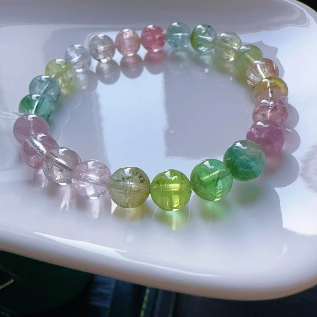 Natural Colorful Tourmaline Clear Round Beads Bracelet 7.9mm Candy Red Green Tourmaline Women Men Jewelry AAAAAAA