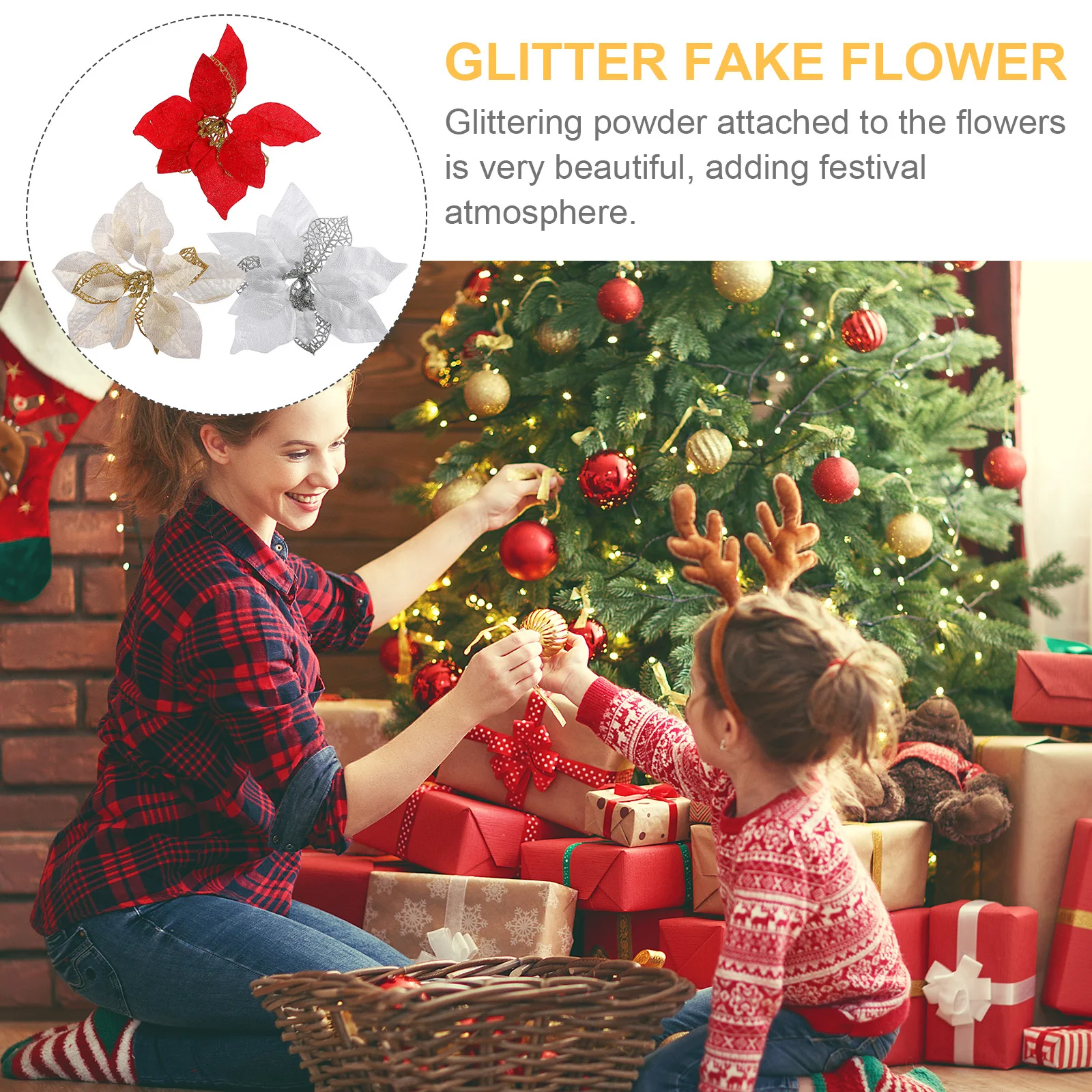 

15Pcs Christmas Floral Ornament Glitter Artificial Flowers for Tree Table Decor Xmas Party Hanging Pendant Holiday Centerpiece