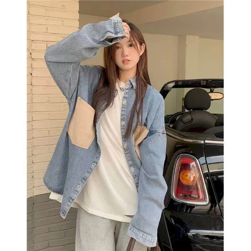 Color Blocking Denim Shirt Women Long Sleeve Blouses Casual Streetwear Tops Korean Shirt Women Fashion Loose Fit Harajuku Shirts