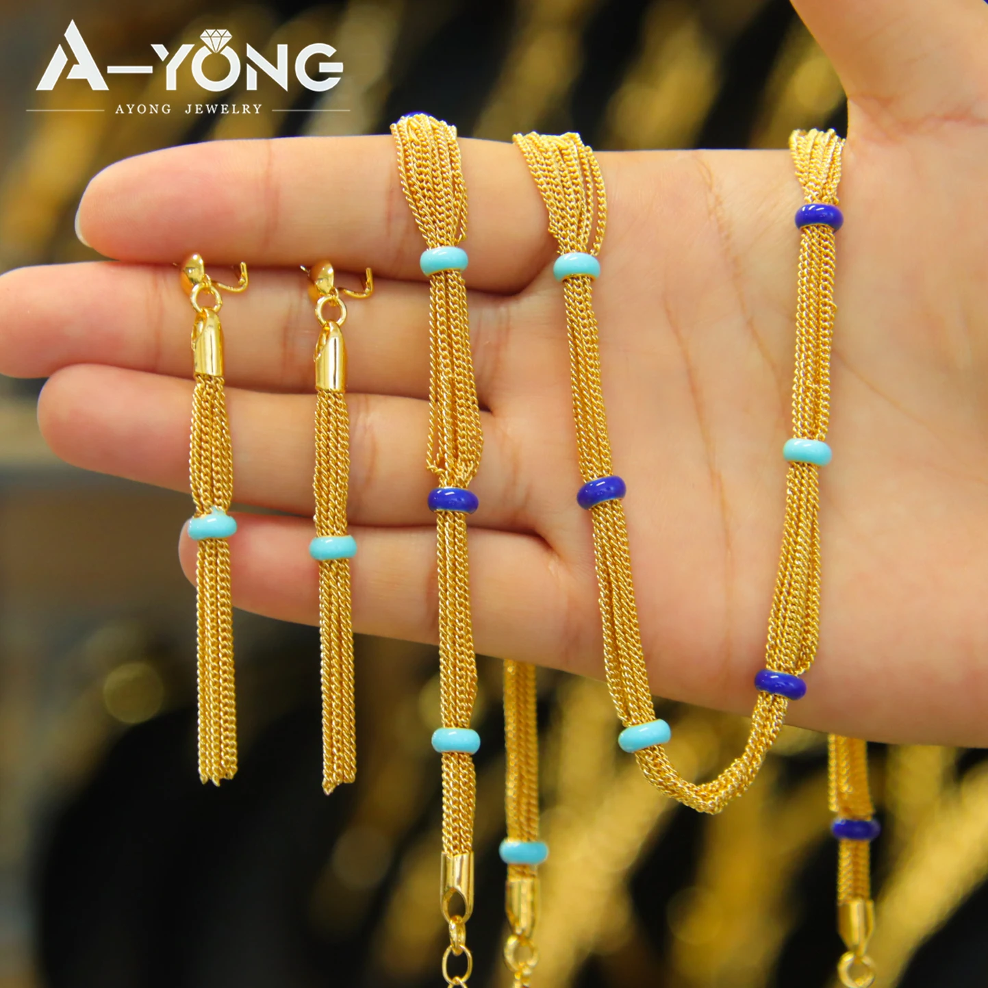Nigerianisches Brautschmuck-Set, 21k vergoldet, arabisches Perlen-Collier, Armband, Ohrringe, Vintage-Schmuck für Frauen aus dem Nahen Osten – Detail 5